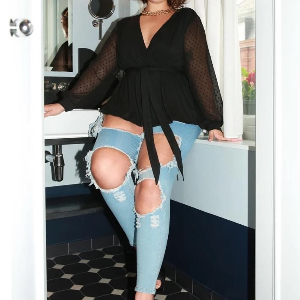 Boho black plus size mesh sleeve peplum blouse - Picture 3 of 5